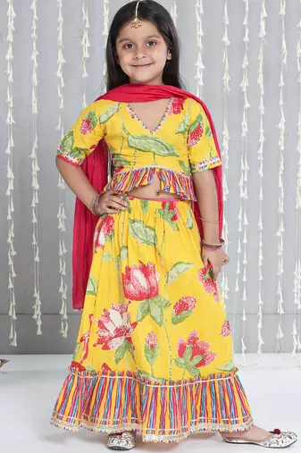 Yellow printed cotton lehenga choli with dupatta set for girls
