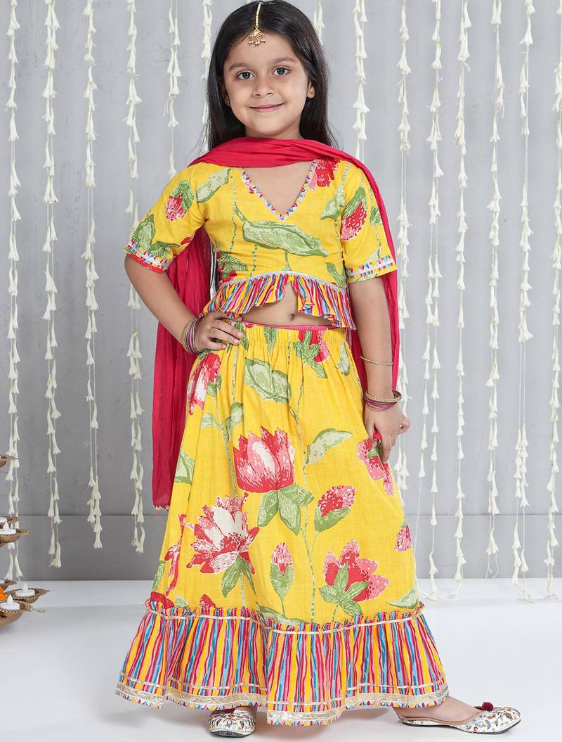 Yellow printed cotton lehenga choli with dupatta set for girls