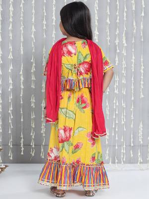 Yellow printed cotton lehenga choli with dupatta set for girls 2