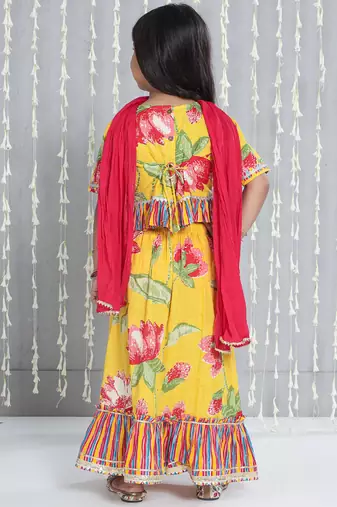 Yellow printed cotton lehenga choli with dupatta set for girls