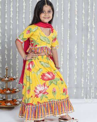 Yellow printed cotton lehenga choli with dupatta set for girls 3