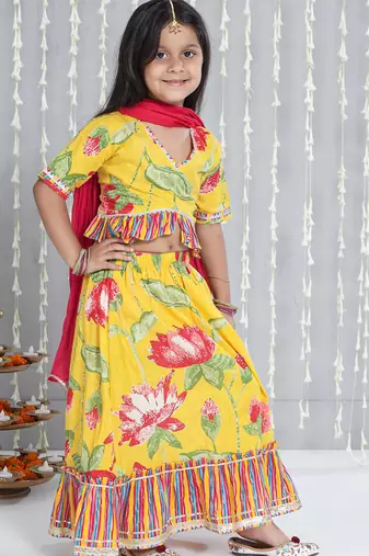 Yellow printed cotton lehenga choli with dupatta set for girls