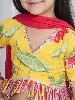 Yellow printed cotton lehenga choli with dupatta set for girls 4
