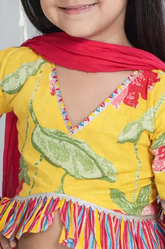 Yellow printed cotton lehenga choli with dupatta set for girls