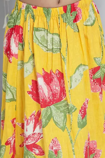 Yellow printed cotton lehenga choli with dupatta set for girls