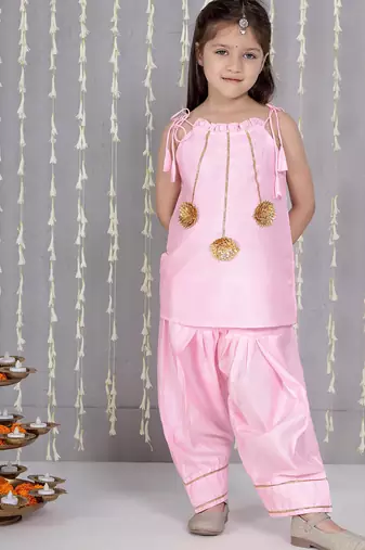 Pink gotta flower patch silk blend kurti with salwar set for girls