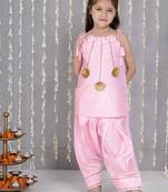 Pink gotta flower patch silk blend kurti with salwar set for girls