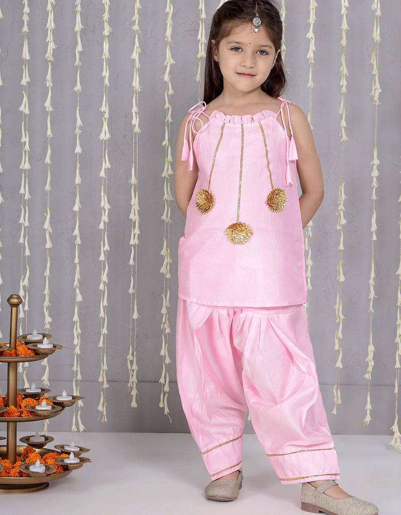 Pink gotta flower patch silk blend kurti with salwar set for girls