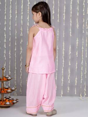 Pink gotta flower patch silk blend kurti with salwar set for girls 2