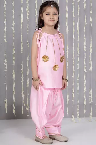 Pink gotta flower patch silk blend kurti with salwar set for girls