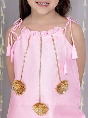 Pink gotta flower patch silk blend kurti with salwar set for girls 4
