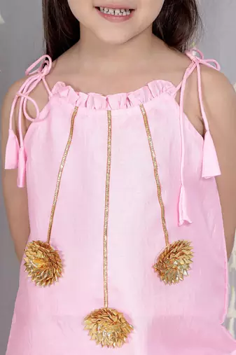Pink gotta flower patch silk blend kurti with salwar set for girls