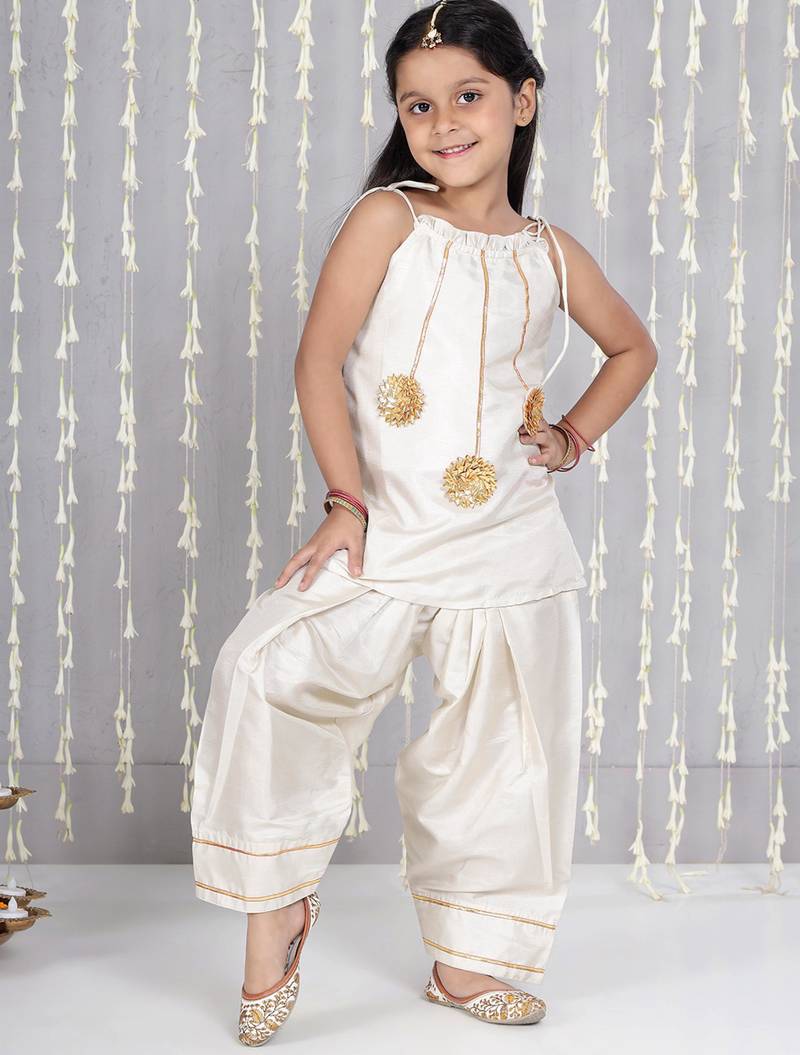 Off-white gotta flower patch silk blend kurti with salwar set for girls