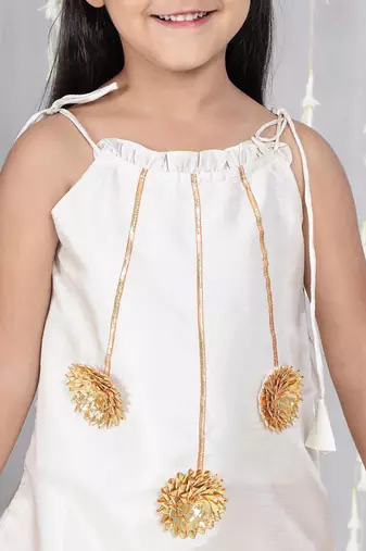 Off-white gotta flower patch silk blend kurti with salwar set for girls
