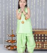 Green gotta flower patch silk blend kurti with salwar set for girls