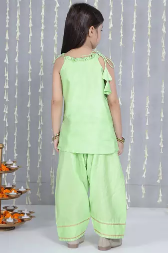 Green gotta flower patch silk blend kurti with salwar set for girls