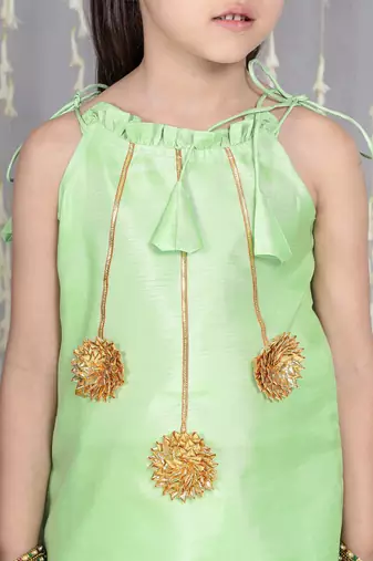 Green gotta flower patch silk blend kurti with salwar set for girls