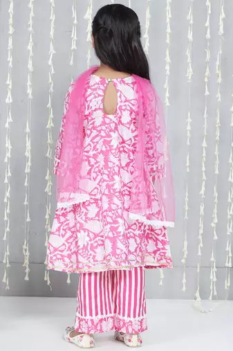 Pink printed cotton kurti plazzo with dupatta set for girls
