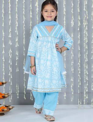 Blue printed cotton kurti plazzo with dupatta set for girls 1