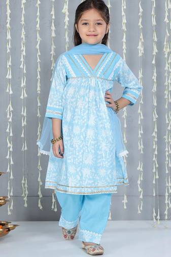 Blue printed cotton kurti plazzo with dupatta set for girls
