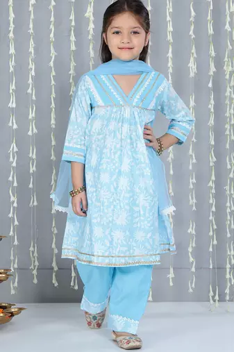 Blue printed cotton kurti plazzo with dupatta set for girls