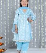 Blue printed cotton kurti plazzo with dupatta set for girls