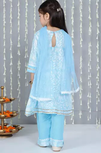 Blue printed cotton kurti plazzo with dupatta set for girls