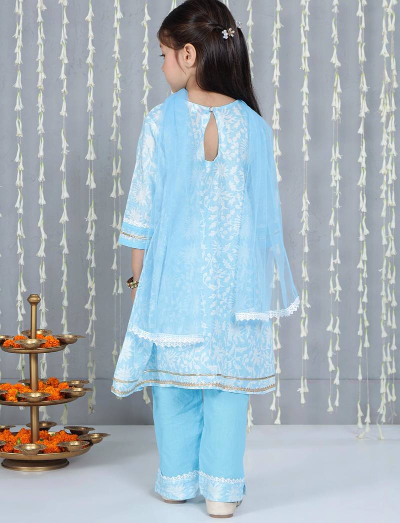 Blue printed cotton kurti plazzo with dupatta set for girls