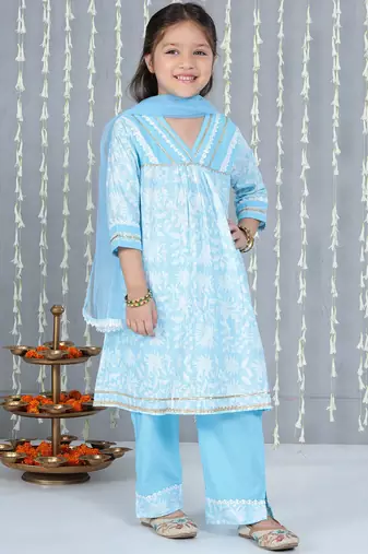Blue printed cotton kurti plazzo with dupatta set for girls