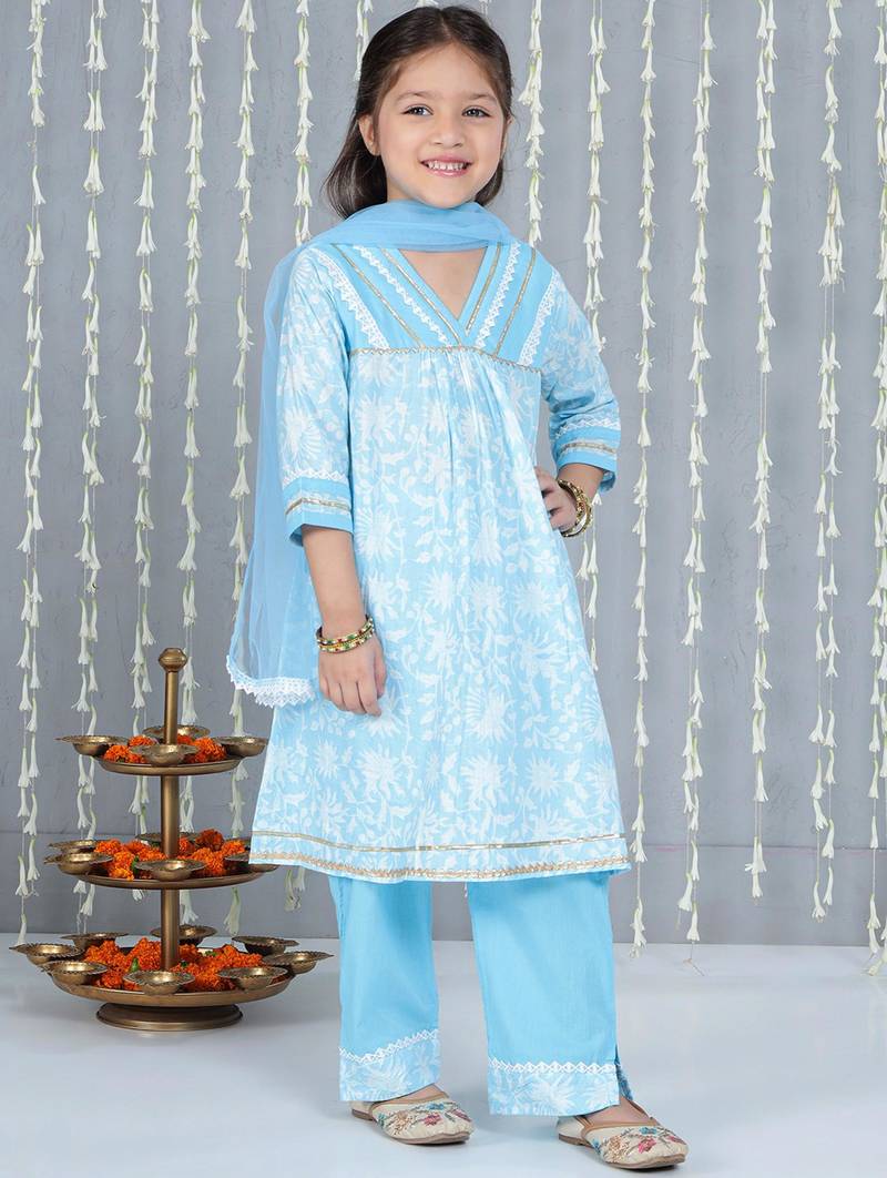 Blue printed cotton kurti plazzo with dupatta set for girls
