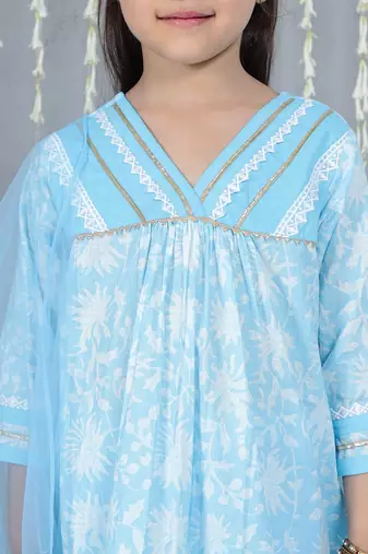 Blue printed cotton kurti plazzo with dupatta set for girls
