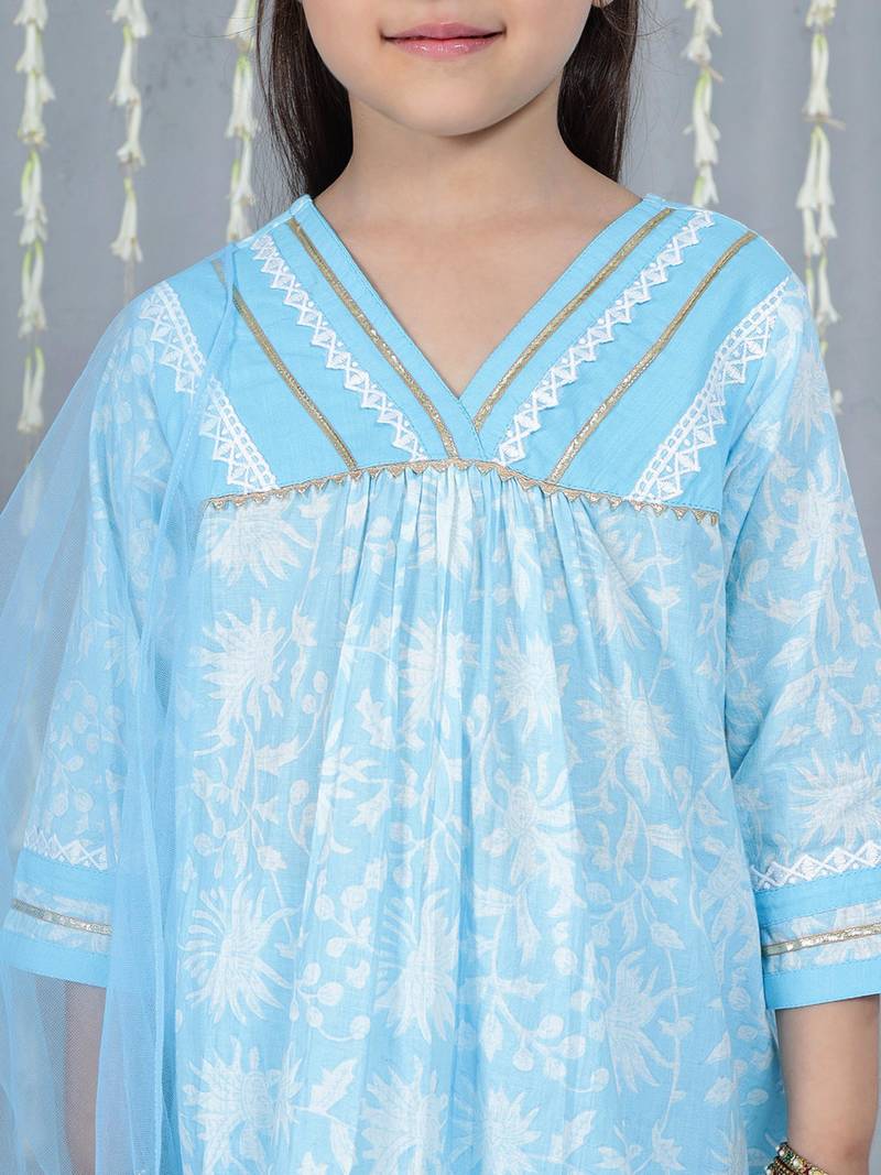 Blue printed cotton kurti plazzo with dupatta set for girls