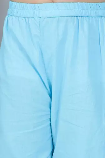 Blue printed cotton kurti plazzo with dupatta set for girls