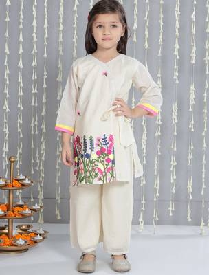 Off- white embroidered cotton kurti with palazzo set for girls 1