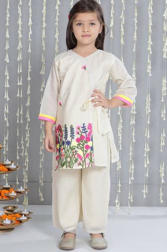 Off- white embroidered cotton kurti with palazzo set for girls