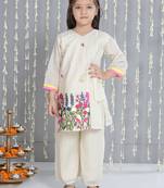 Off- white embroidered cotton kurti with palazzo set for girls