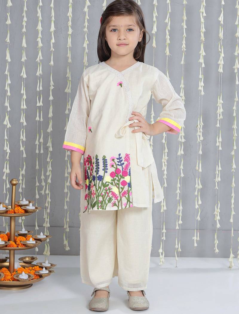 Off- white embroidered cotton kurti with palazzo set for girls