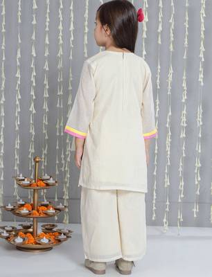 Off- white embroidered cotton kurti with palazzo set for girls 2