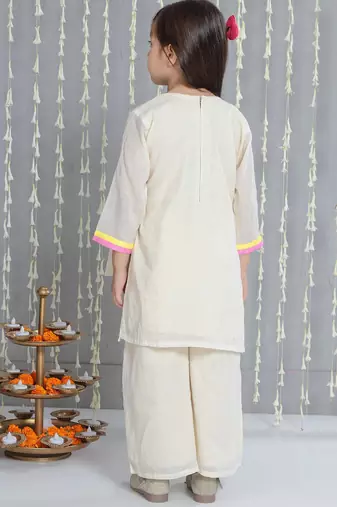 Off- white embroidered cotton kurti with palazzo set for girls