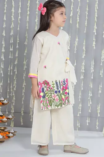 Off- white embroidered cotton kurti with palazzo set for girls