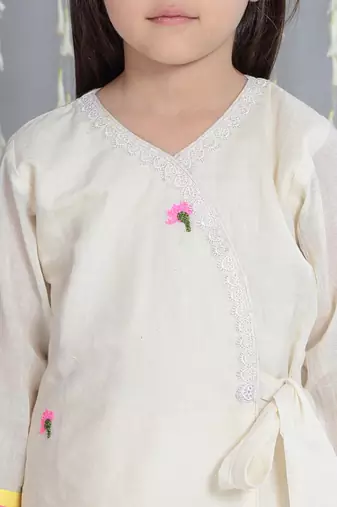 Off- white embroidered cotton kurti with palazzo set for girls