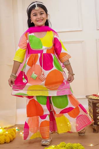 Multi printed cotton kurti with sharara and dupatta set for girls