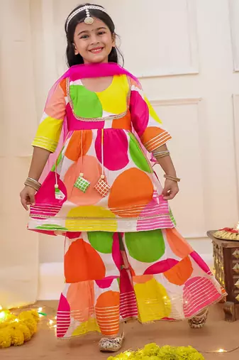 Multi printed cotton kurti with sharara and dupatta set for girls