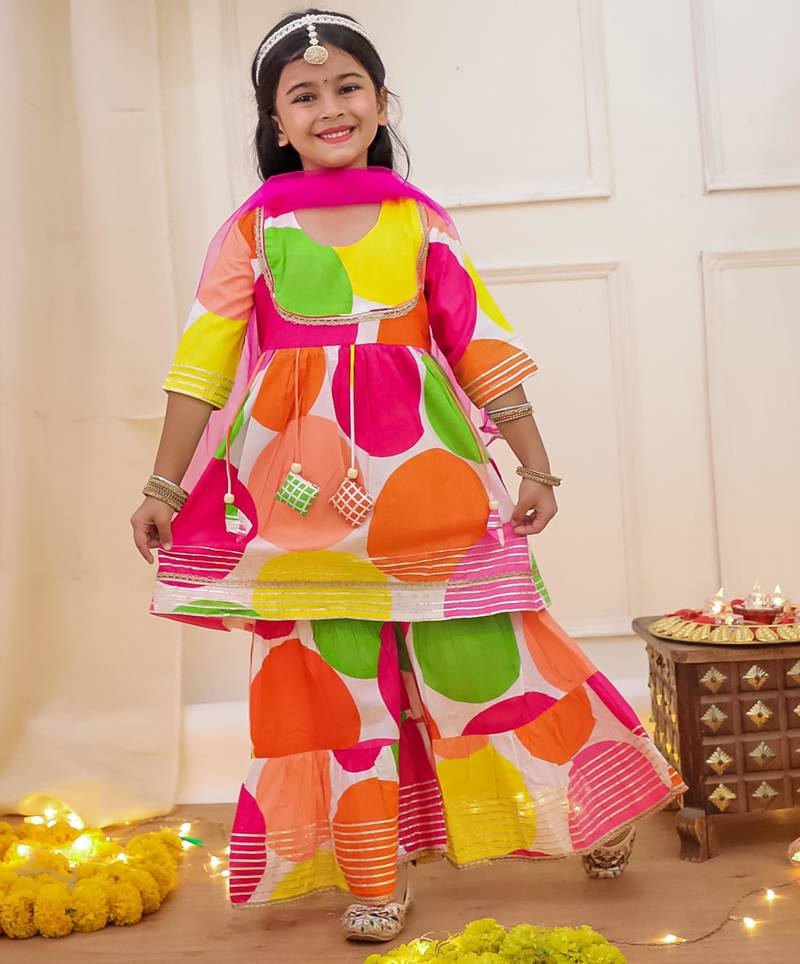 Multi printed cotton kurti with sharara and dupatta set for girls