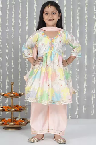 Peach foil print silk kurti palazzo pent with dupatta set for girls