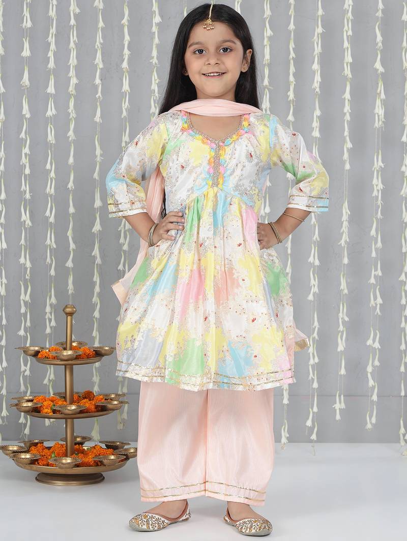 Peach foil print silk kurti palazzo pent with dupatta set for girls