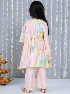 Peach foil print silk kurti palazzo pent with dupatta set for girls 2