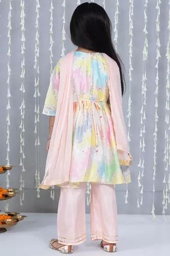 Peach foil print silk kurti palazzo pent with dupatta set for girls