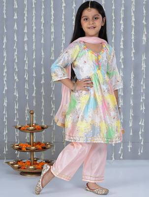 Peach foil print silk kurti palazzo pent with dupatta set for girls 3