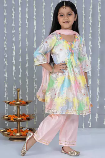 Peach foil print silk kurti palazzo pent with dupatta set for girls